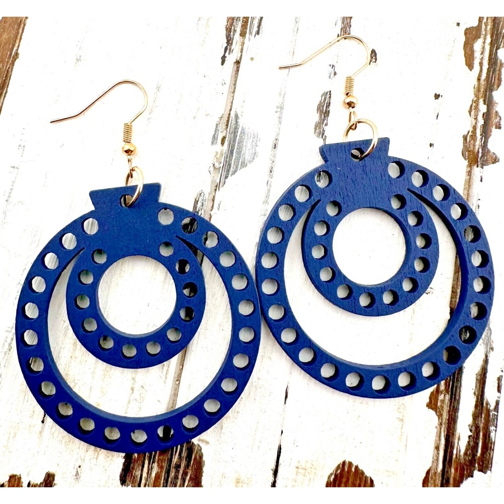 Double Barrel Earrings Navy Blue Laser Cut Wood NEW